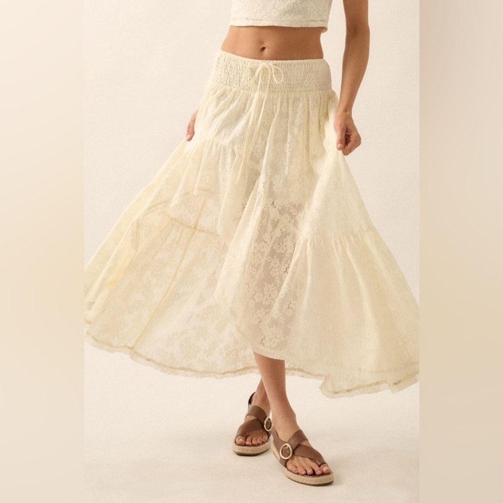 Promesa Sheer Floral Lace Asymmetrical High Low Ruffle Hem Maxi Skirt - Picture 6 of 9